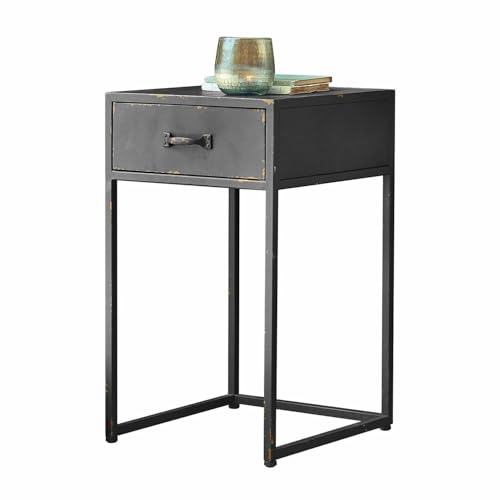 Loberon Nachttisch Lysandor, Industrial Chic, Minimalistisches Design, Praktische Schublade, Nachtkästchen, Schlafzimmermöbel, Ablage, Eisen, antikschwarz