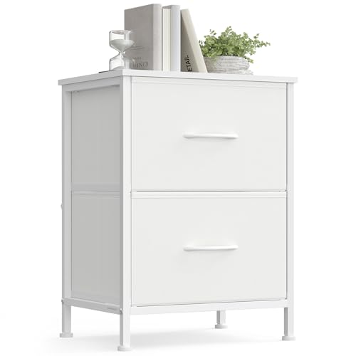 SONGMICS Nachttisch, Kommode, 2 Stoffschubladen, Aufbewahrungsschrank, Stahl, MDF, Vliesstoff, für Schlafzimmer, Flur, Wohnzimmer, wolkenweiß-schneeweiß LGS312WH01