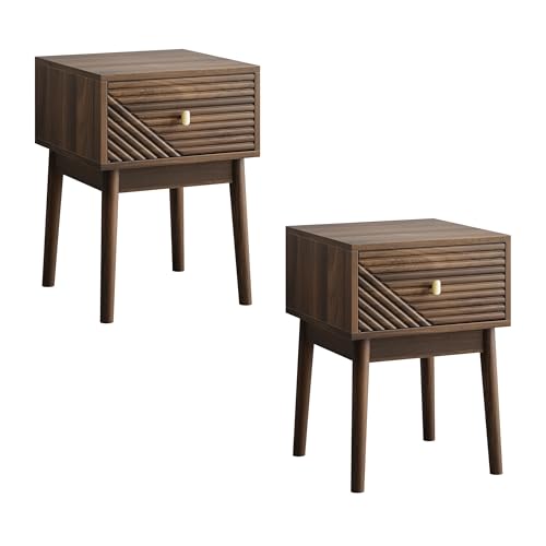 Generisch Mid-Century Modern Nussbaum Nachttisch, Schlafzimmer Nachttisch, Nachttisch mit Metallgriffen, 2 Stück