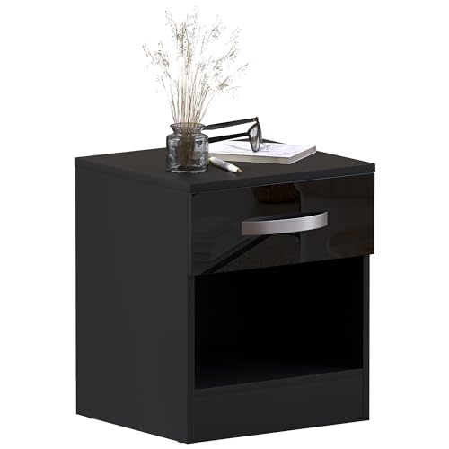 Vida Designs Hulio Hochglanz Nachttisch Schwarz, 1 Schublade mit Metallgriffen und -schienen, einzigartige Anti-Durchbiegungs-Schubl adenstütze, Schlafzimmermöbel Vida Designs Hulio Hochglanz Nachttisch Schwarz, 1 Schublade mit Metallgriffen und -schienen, einzigartige Anti-Durchbiegungs-Schubl adenstütze, Schlafzimmermöbel
