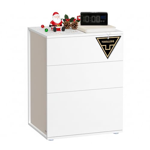 VASAGLE, Toolless Technologie, superschnelle werkzeuglose Montage, Beistelltisch 3 Schubladen, Nachtschrank, Schlafzimmer, Wohnzimmer, mattweiß cappuccinobeige LET778W01