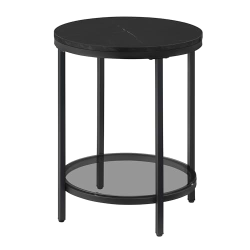 VASAGLE Beistelltisch, Nachttisch mit 2 Ebenen, Holzspanplatte, Hartglas, für Wohnzimmer, Arbeitszimmer, kleine Räume, modern, marmorschwarz-tintenschwa rz LET285B58