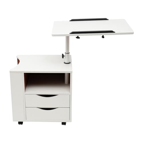 Multifunktionaler Nachttisch mit Dreistufigem Drehbarem Bücherregal, Höhenverstellbarem Schreibtisch mit Schubladen und Rollen, Weißer Verstellbarer Nachttisch, Geeignet den Einsatz zu Hause, im Büro