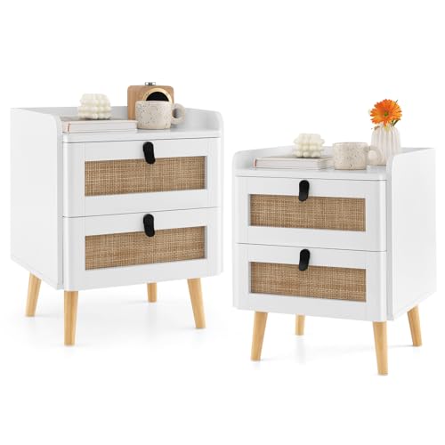 RELAX4LIFE Nachttisch mit 2 Schubladen, Nachtschrank mit Massivholzbeinen, Nachtkommode mit Metallgriffen & Rattan-Design, Beistelltisch mit Kippsicherung, Weiß (2, 45×40×57 cm)