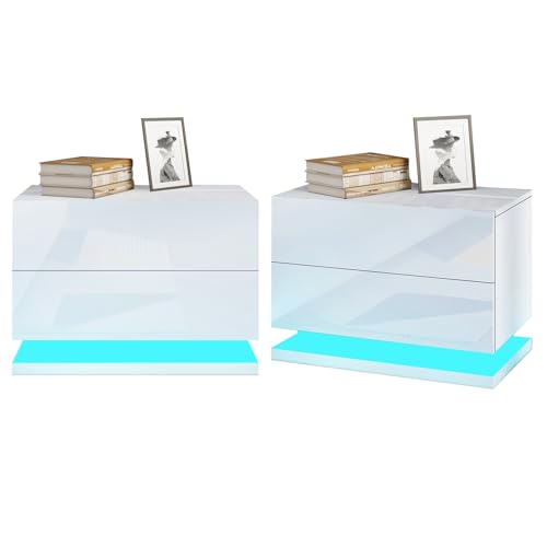Komtopod 2er Set Nachttisch mit LED-Beleuchtung, Nachttisch Kommode mit 2 Schubladen aus Holz Sofa Tisch mit RGB LED Streifen für Schlafzimmer Wohnzimmer Wohnmöbel, Weiß
