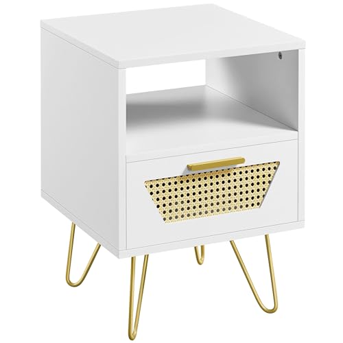 Yaheetech Nachttisch Rattan Beistelltisch mit 1 Schublade und 1 offenen Ablagefach Nachtkästchen Metallbeine Nachtkommode für Boxspringbett 40 × 40 × 55 cm, Weiß