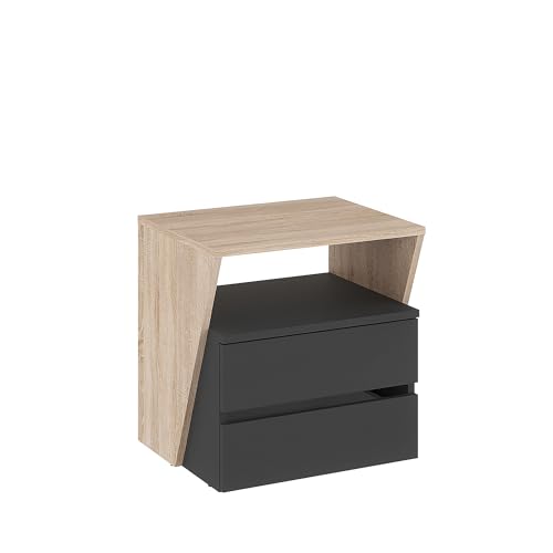KOMTO Nachttisch mit 2 Schubladen - Nachtschrank, Nachtkästchen mit offenes Fach, Nachtkonsole für Schlafzimmer | Bedside Table Anthrazit/Sonoma Eiche Shift 50 x 50 x 40 cm
