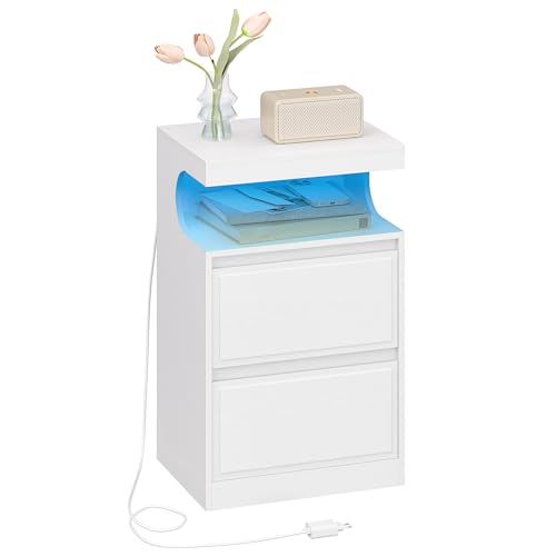 Hzuaneri Nachttisch mit LED-Beleuchtung, Beistelltisch mit 2 Schubladen, Nachttische mit offenen Fach, Verstellbares Licht, für Schlafzimmer, Wohnzimmer, 30 x 40 x 60 cm Weiß NS49113X