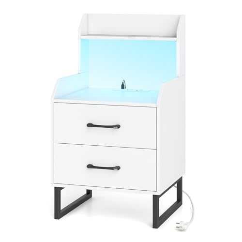 GIANTEX Nachttisch mit Ladefunktion, Beistelltisch mit Verstellbarer LED-Beleuchtung USB- & TYP-C-Anschluss & Steckdosen, Beside Table für Wohnzimmer & Schlafzimmer, Weiß