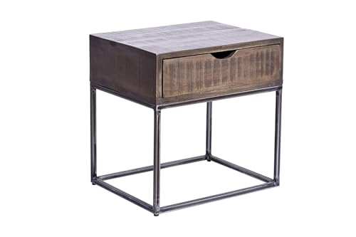 Licht-Erlebnisse Nachttisch mit Schublade Akazie Holz Metall 45 x 35 x 45 cm (LxBxH) Industrie Design in Grau Schwarz Beistelltisch Schlafzimmer