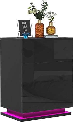 PIPIPOXER Nachttisch mit LED Beleuchtung,Nachttisch Schwarz Hochglanz Nachtkommode Kommode Nachttisch mit 3 Schubladen Nachtschrank für Wohnzimmer,Schlafzimmer, schwarz 50x35x68cm