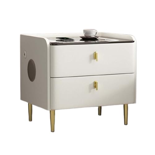 Generisch Smart Nachttisch Mit Funktion des Mobiltelefons Kabelloses Aufladen, Nachttisch Mit LED-Licht, 2 Schubladen Bettschrank, Kommode, Wohnzimmer, Schlafzimmermöbel(White)