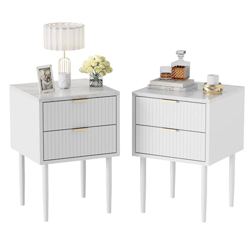 UEV Nachttisch 2er Set marmor, Nachtschrank mit Schubladen, Nachtkommode mit Metallfüße, Sofatisch mit Beine, Beistelltisch für Wohnzimmer Schlafzimmer, 42x40x70cm, Weiß