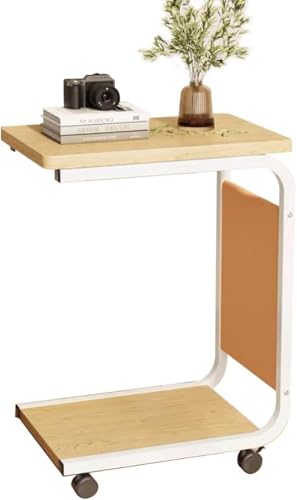 MUMUXIAO C-förmiger Beistelltisch mit Rollen, beweglicher Sofa-Couch-Beistelltisch mit Aufbewahrungstasche, industrieller TV-Tablett, Nachttische zum Lesen, Essen (beige)