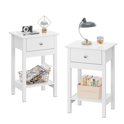 WLIVE Nachttisch,Beistelltisch aus Holz,mit Einer Schublade und Ablage,Platzsparend,Geeig net für Schlafzimmer und Wohnzimmer,Modern (2, Weiß)