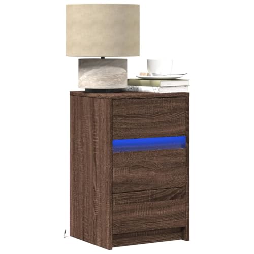 QUAHEAS Nachttisch mit LED-Beleuchtung, Braun Eichen-Optik, 38x34x61 cm, Holzwerkstoff, Beistelltisch für Schlafzimmer, mit Schublade und RGB-Licht für Ambiente
