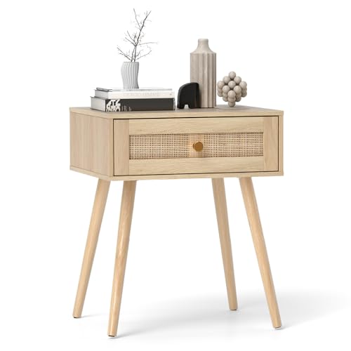 FANTASK Nachttisch Rattan, Beistelltisch Holz mit Schublade, schmaler Nachtkonsole mit Massivholzbeine, Sofatisch, Nachtschrank für Schlafzimmer, Wohnzimmer, Natur, 48 x 40 x 58 cm