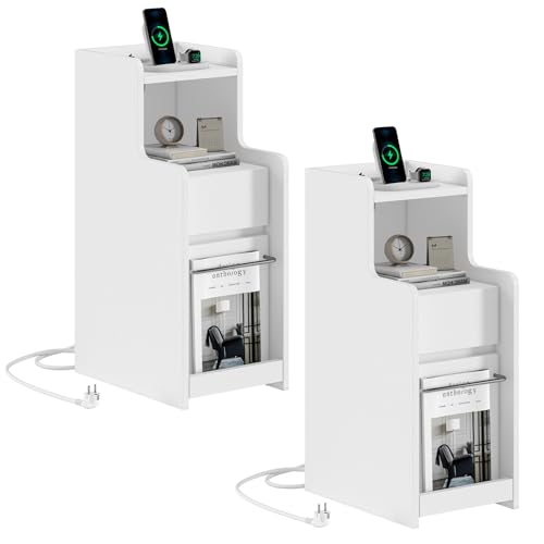 2er Set Nachtschrank Schmal mit Ladefunktion Beistelltisch mit 2 Schubladen, Couchtisch, Nachtkommode mit Steckdosen, Nachtkästchen, Modern, für Schlafzimmer Wohnzimmer Arbeitszimmer (2, Weiß)