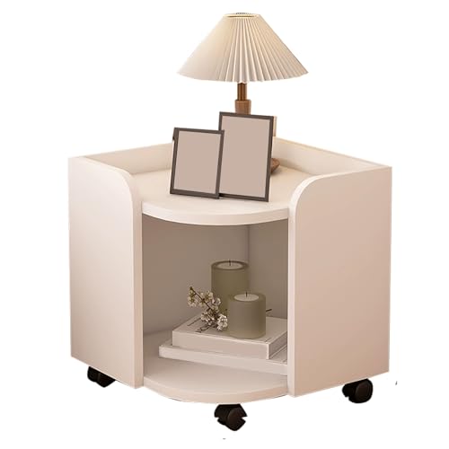 Moderner Nachttisch aus weißem Holz mit Stauraum, rollbarer Beistelltisch auf Universalrollen für Schlafzimmer & Wohnzimmer – stilvolle Nachttischlösung