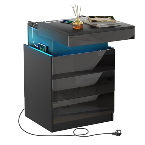 HaodaCulture Nachttisch mit Steckdose, Nachtschrank Schwarz Led, Einstellbare 16 Farben, 2 AC Steckdosen, 2 USB Anschlüsse, Nachtschrank Holz Beistelltisch für Schlafzimmer 45x40x67cm