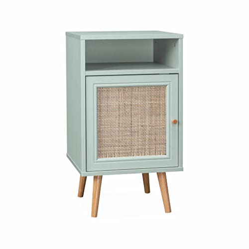 Alice's Home Nachttisch mit Rattangeflecht - Bohème - 40x39x65,8cm - 2 Ebenen - 1 Tür - 1 Ablagefläche - skandinavische Beine, seladongrün