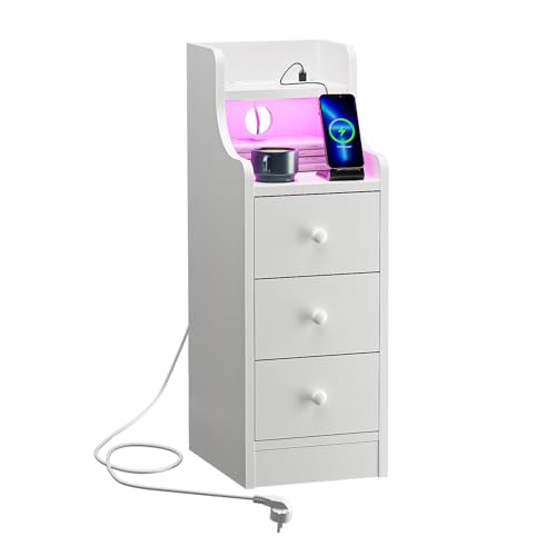 Schmaler Nachttisch mit LED-Beleuchtung - 30x25cm Kommode Schlafzimmer mit 2AC+2USB Steckdose, 3 Schubladen, Bluetooth Licht, Perfekt als Nischenschrank, Beistelltisch oder Schmales Regal (Weiß)
