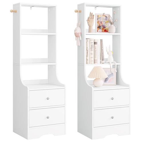WOLTU 2er Set Nachttisch Bücherregal mit 2 Schubladen, 3 offenen Ablagen, Haken, Nachtschrank hoch, platzsparend, Nachtkommode Holz modern, für Schlafzimmer Arbeitszimmer, Weiß, NTS18ws-2