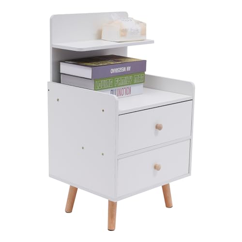 Nachttisch Weiß, Nachttischschrank mit 2 Schublade, Nachttisch Klein, Bedside Table, Nachtschrank für Schlafzimmer, Wohnzimmer, Beistelltisch für Kosmetika, Bücher, Zeitungen, Zeitschriften, Tassen