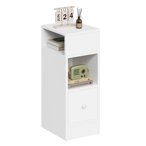 EUGAD Nachttisch, schmal, Beistelltisch mit 2 offenen Ablagen und 1 Schublade, 25x66x30 cm, Nachtschrank im Schlafzimmer, Nachtkästchen aus Holzwerkstoff, weiß, 0179ZZ
