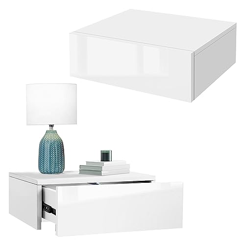 ML-Design 2er Set Nachttisch hängend mit 2 Schublade, Weiß hochglanz, 46x30x15cm, Holz, grifflos, Schwebender Nachtschrank, Wandmontage, Nachtkommode Wandregal Wandschrank Nachtkonsole Wandboard Regal