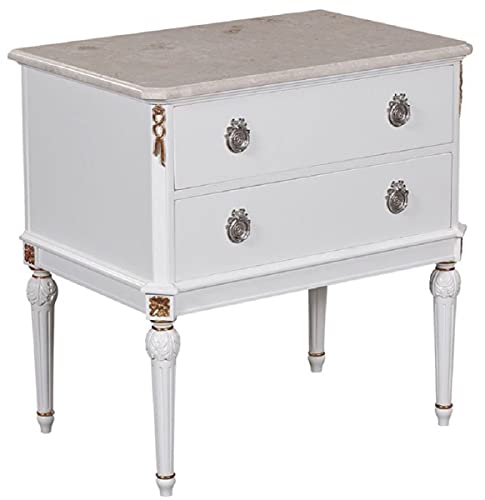 Casa Padrino Luxus Barock Nachtkommode Weiß/Cremefarben/Antik Gold/Silber - Handgefertigter Massivholz Nachttisch mit Marmorplatte - Barock Schlafzimmer Möbel