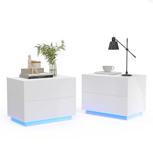 Mondeer Nachttisch 2er Set, LED Nachtschrank mit 2 Schubladen und 1 USB Anschlüsse für Schlafzimmer Wohnzimmer, 60 x 39 x 45cm, Weiß