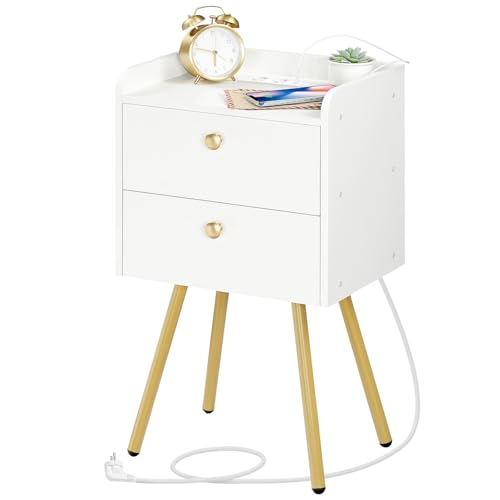 HOOBRO Nachttisch mit Ladestation, moderner Beistelltisch mit 2 Schubladen und offenem Regal, Sofa-Beistelltisch, Metallbeine, für Schlafzimmer, Wohnzimmer, Weiß und Gold EDW89CBZ01N1