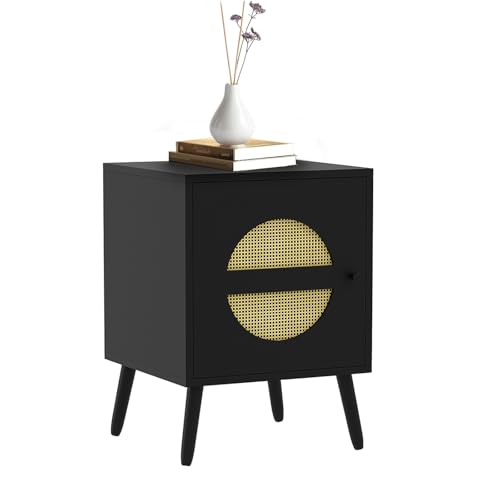 WAOHO Nachttisch Rattan, Beistelltisch Wohnzimmertisch ? Schließfach mit 2 Fächern?Nachtkommode mit Holz Beine für Schlafzimmer, Sofatisch?Nebentisch Kaffeetisch mit Ablagefach 40x40x55.5cm