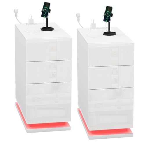 EXSELTMAN Nachttisch Schmal 2er Set, Nachtschrank mit LED Beleuchtung, Nachttisch weiß mit 3 Schubladen, 2 AC Steckdosen, 2 USB Anschlüsse,für Schlafzimmer Wohnzimmer 50x30x63cm