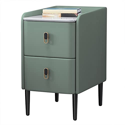 Schmaler Nachttisch mit 2 Schubladen, schlanker, moderner Nachttisch für kleine Räume, Mikrofaser-Leder-Beistell tisch mit stabilen Metallbeinen, Grün, 20 x 40 x 50 cm