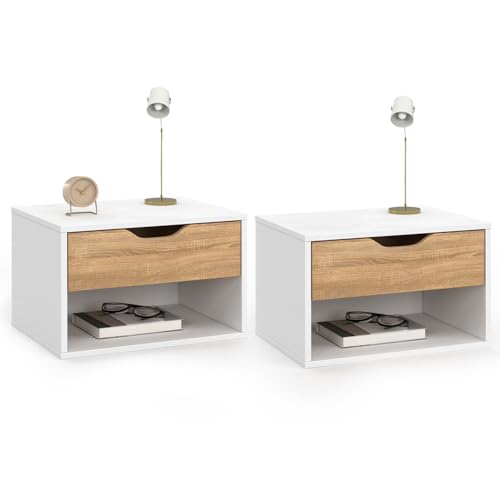 IDMarket - Set mit 2 Nachttischen Cathy, 1 Schublade mit Nischenoptik, Buche-Optik und Weiß
