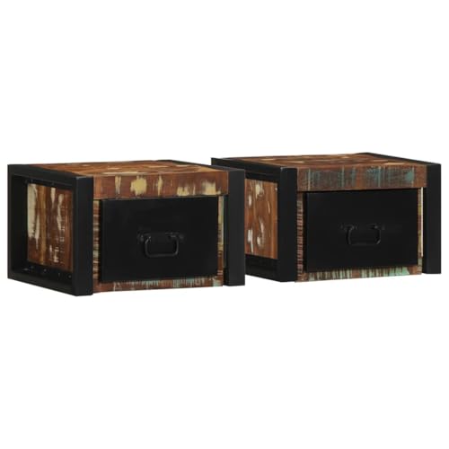 Qnhdfrt 2 Nachttische Set Mehrfarbig Massivholz Altholz 40x35x25 cm mit Griff Wandmontage Schmal Klein für Schlafzimmer Einzigartiges Vintage Design
