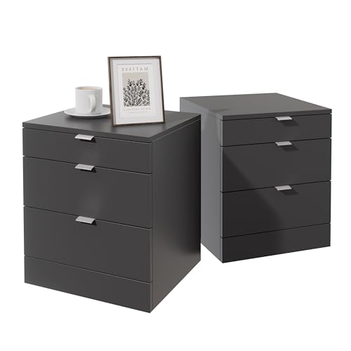 Garvis Nachttisch 2er Set, schmal, Beistelltisch mit 3 Schubladen Nachtschrank Schlichter Beistelltisch für Schlafzimmer, Wohnzimmer (Schwarz)
