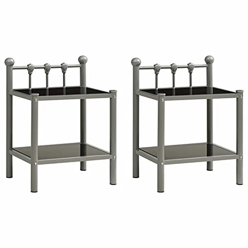 Festnight Nachttische 2 STK. Nachttische, Retro Nachtschrank, Nachtkonsole mit 2 Ablagen, Industrie Beistelltische, stapelbar, Stabiler Metallgestell, Grau und Schwarz Metall und Glas