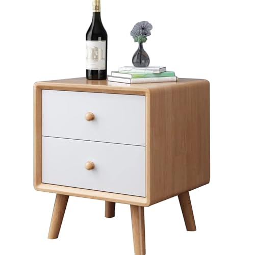 SZKTHD Nachttisch Aus Holz Mit 2 Schubladen Nachttisch Mit Runden Knöpfen Beine Aus Massivholz, Minimalistischer Beistelltisch Fürs Schlafzimmer Helles Eichen-Finish(Wood Color-A)