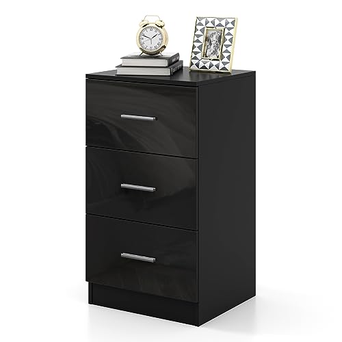 COSTWAY Nachttisch mit 3 Schubladen, Hochglanz Nachtschrank, Nachtkommode für Boxspringbett, 37 x 34 x 66,5 cm, schwarz