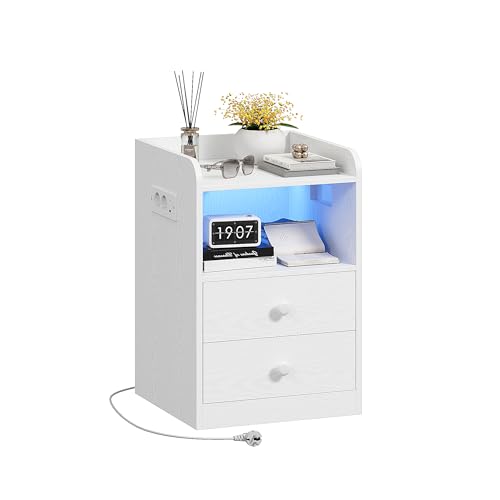 IRONCK Nachttisch mit Steckdose und LED, Beistelltisch mit 1 USB & 1 Typ-C Anschlusse, Nachtschrank 2 Schubladen&offene Fächer, Sofatisch für Wohnzimmer, Schlafzimmer, Arbeitszimmer, Weiß