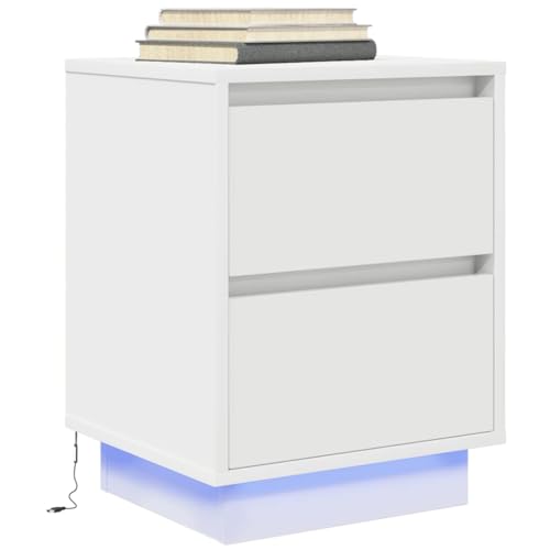 HaoChrymec Nachttisch mit LED-Leuchten, Holzwerkstoff, 2 Schubladen, RGB-Beleuchtung, Beistelltisch für Schlafzimmer und Wohnzimmer, Weiß, 38x34x50 cm