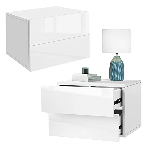ML-Design 2er Set Nachttisch 42x29x30 cm, Weiß glänzend, Hängend Schrank mit 2 Schubladen, Kommode, Schwebend Nachtschrank, Nachtkommode, Wandschrank, Nachtkonsole, Wandschublade, Wandnachttische