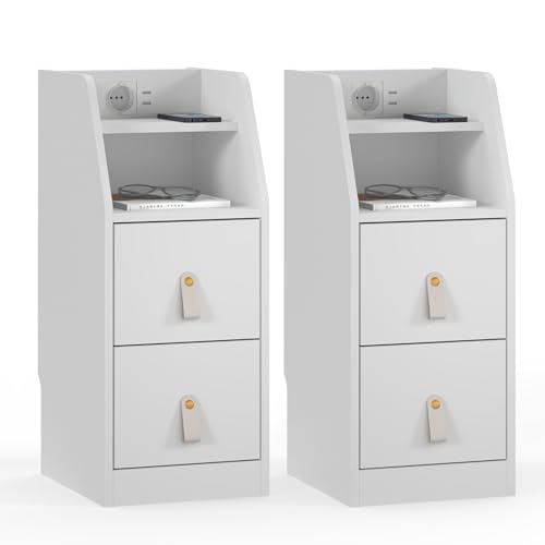 HULANAN Nachttisch 2er Set mit Schublade & Ladefunktion - Inklusive Steckdose und USB - Schmal 30 cm Breit, 60 cm Hoch - Platzsparender Nachttisch, Einfach zu Montieren(Weiß)