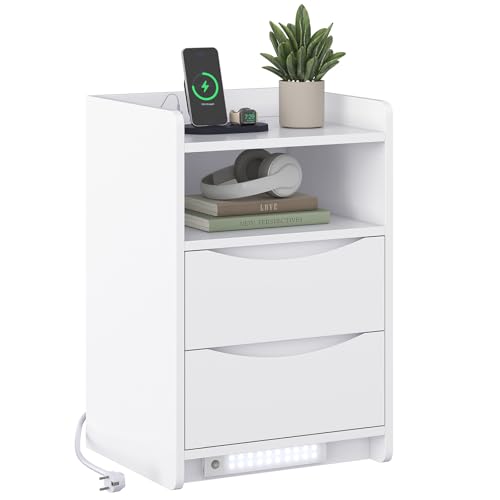 Brinlawb Nachttisch mit LED-Beleuchtung und Ladestation (2 AC-Steckdosen & 2 USB-Anschlüsse), Nachtschrank mit 2 Schubladen und 1 offenes Fach Beistelltisch Sofatisch für Schlafzimmer, Wohnzimmer Weiß