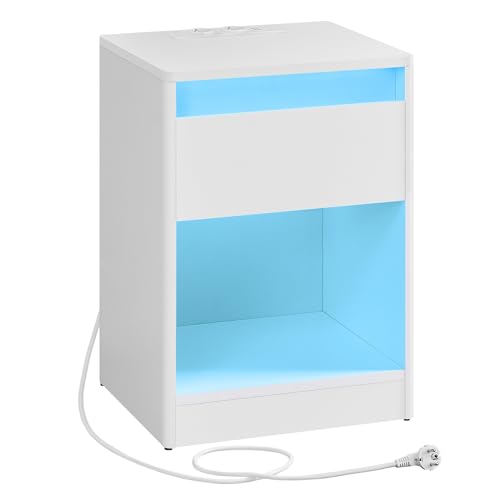 VASAGLE Nachttisch mit Einstellbarer LED-Beleuchtung, Beistelltisch mit Steckdosen, Schublade, 2 AC-Steckdosen, 2 USB-Anschlüsse, modern, für Schlafzimmer, Wohnzimmer, wolkenweiß LET618T15