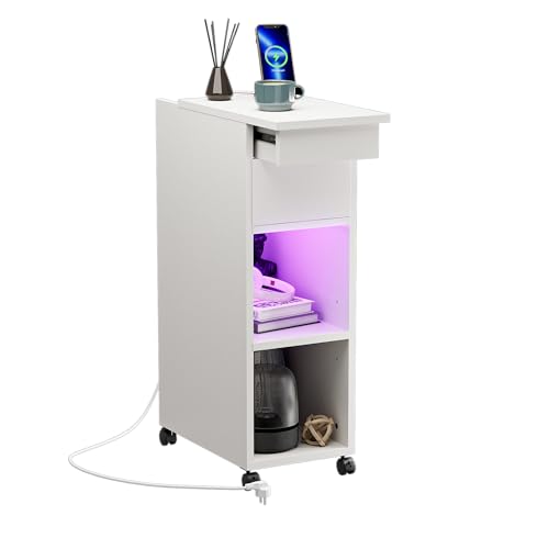 Ztexkee Nachttisch Schmal mit Bluetooth LED Lichtleiste & Ladestation, Nachtschrank mit Schublade, Platzsparender Beistelltisch mit Beleuchtung fürs Schlafzimmer (Weiß, 25 cm breit mit Rädern)