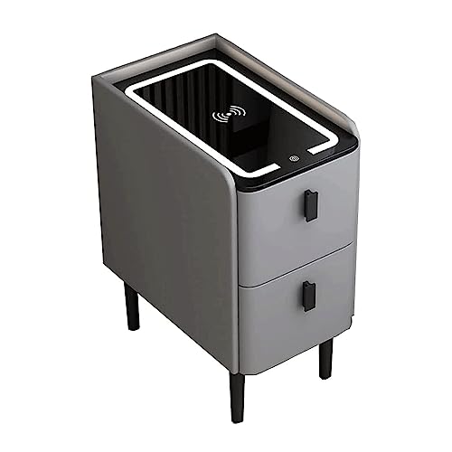 OOMRNV Einfacher Nachttisch, Intelligenter Nachttisch, Dichteplatte, Beistelltisch, Kabelloses Laden, 3-Farbiges Licht, Nachttischkommode Aus Glas, 2 Schubladen, USB,Light Gray-40 * 40 * 50cm